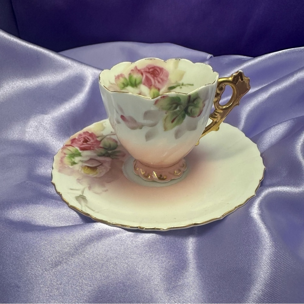 Occupied Japan Vintage Teacup Saucer Pink Floral Gold Trim Porcelain